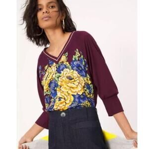 Anthropologie TINY Ashlee Floral Top Womens XS Purple V-Neck Puff Sleeve Boho